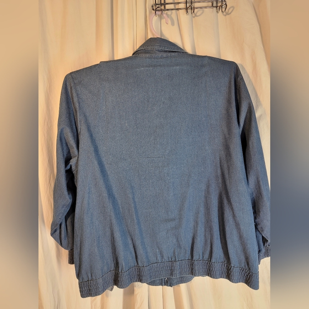 Embroidered Denim Button-Up Shirt Jacket With Subtle Rhinestones - Picture 2 of 16